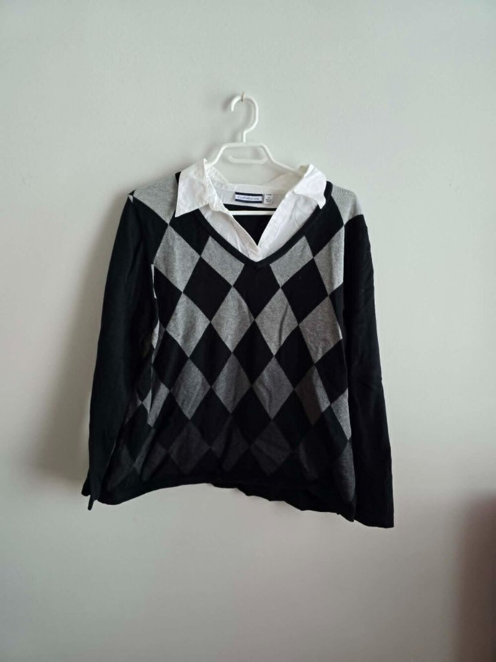 Croft and Barrow Women's Plus V-neck Argyle Sweater With Collared shirt look